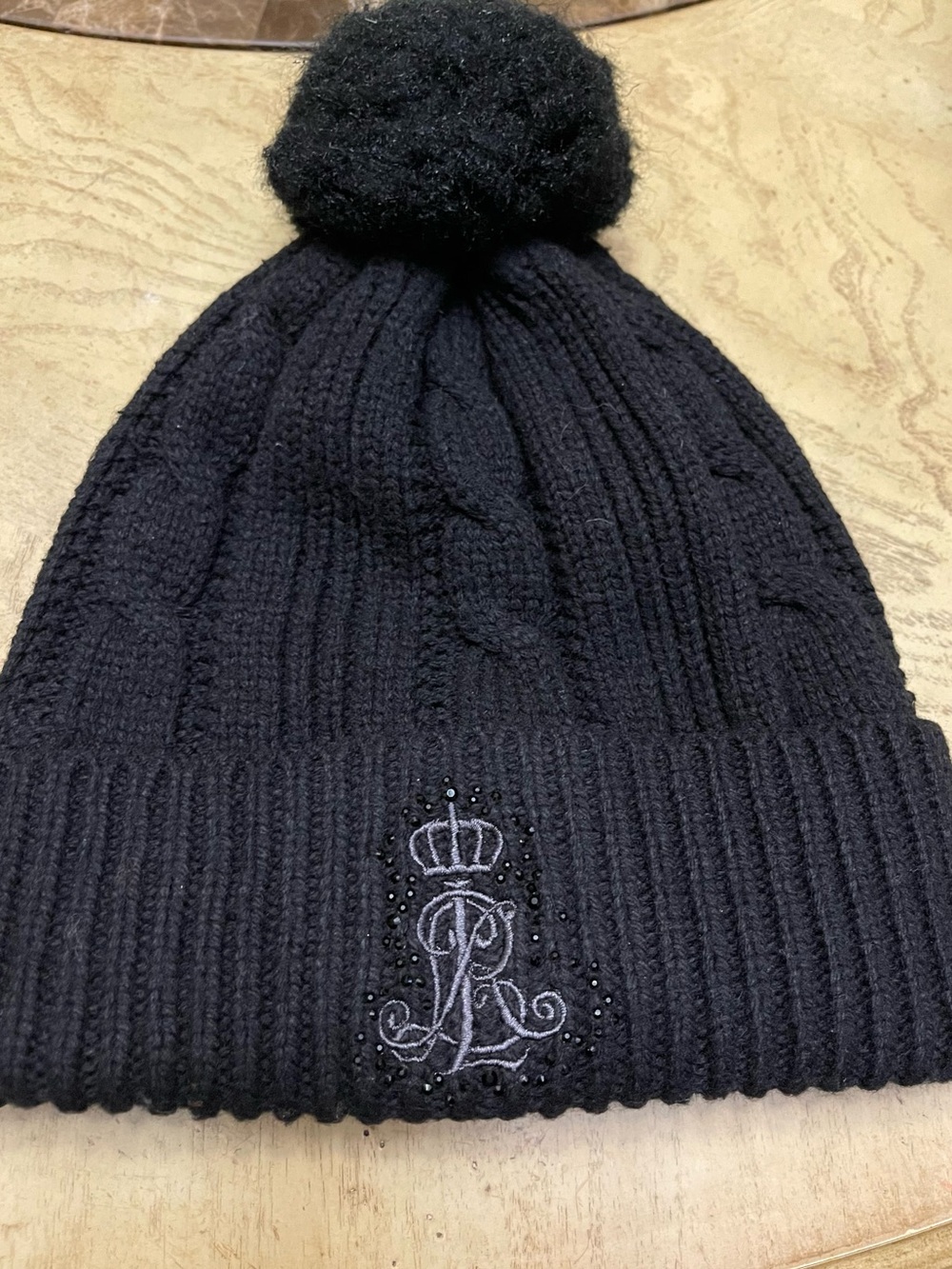 Lauren Ralph Lauren Black Knit Pom-Pom Beanie with Embroidered Crest Patch
